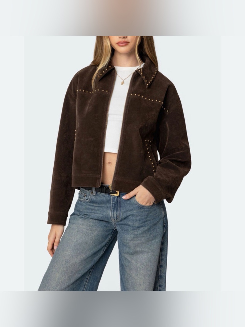 Edikted Memphis Studded Faux Suede Jacket Brown XS Western Cowboy Boho Punk NWT